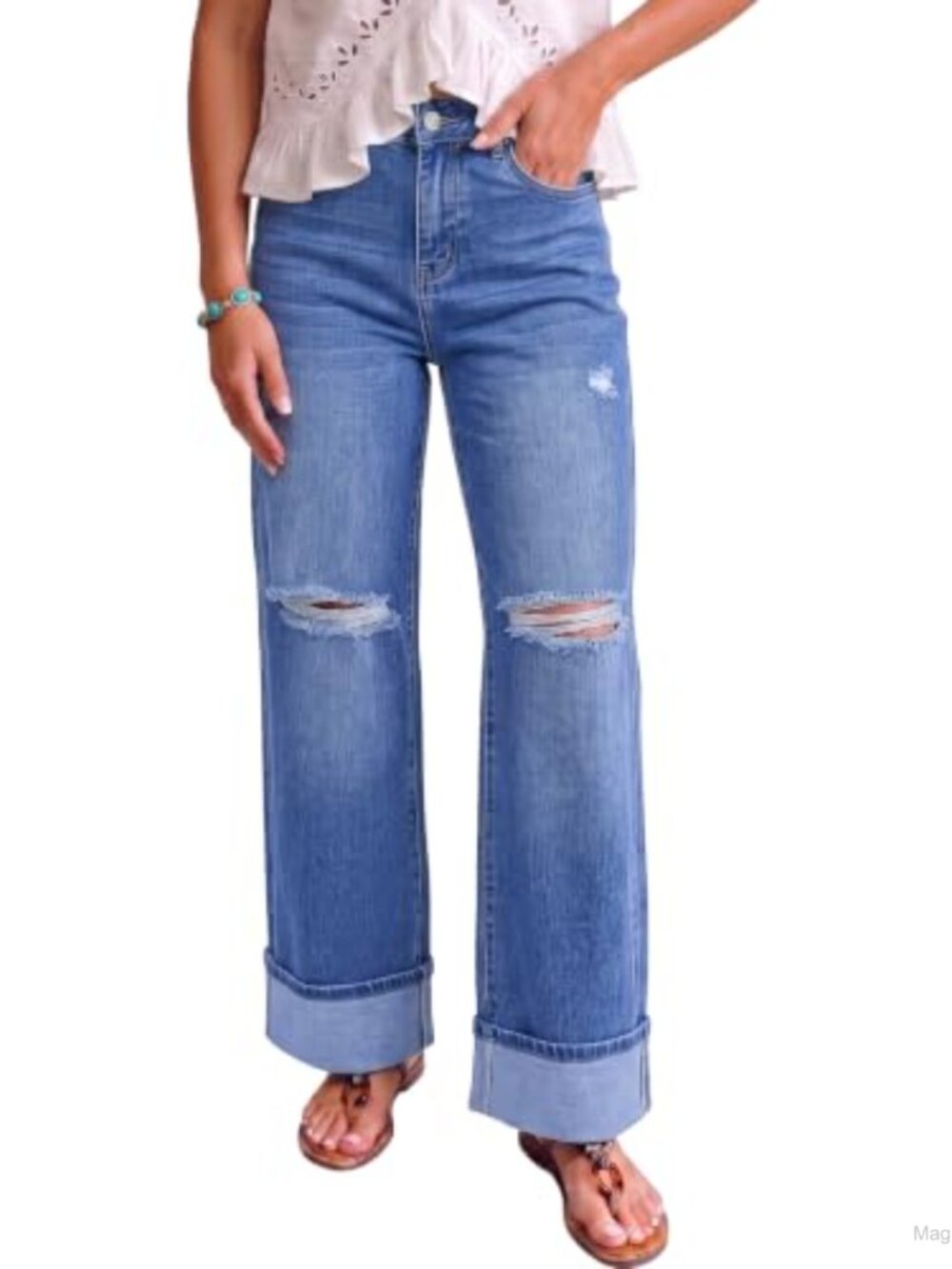 Wide Leg Ripped Denim Jeans High Waisted Stretchy Distressed Pants